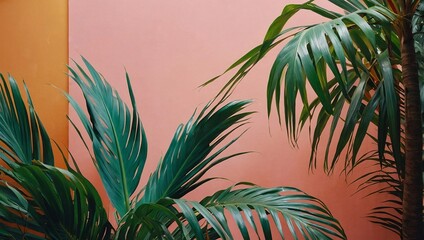 Exotic painted palm leaves on a bright tropical background, fashion concept