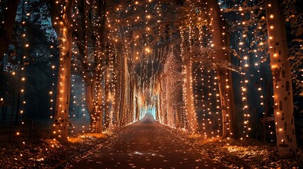 Obraz premium A magical forest lit by thousands of sparkling fairy lights hanging from the trees