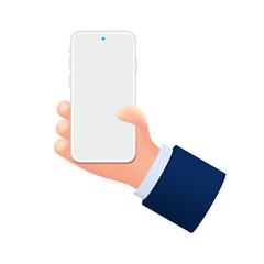 3D Hand Holding Smartphone with White Blank Screen. Vector.