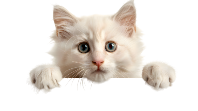 Kitten holding blank banner isolated on transparent background