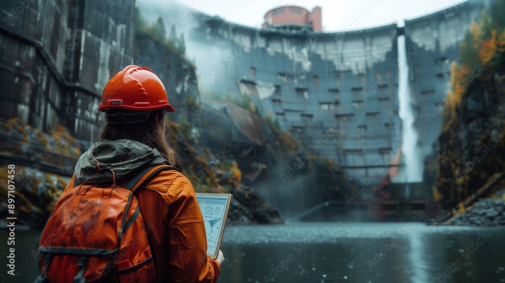 Poster engineer with blueprint at dam site. engineer examines blueprints while standing near a hydroelectri