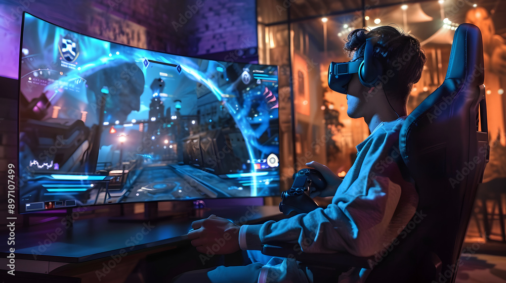 Poster a young man sits in a chair in front of a curved monitor, playing a video game. the game features a 