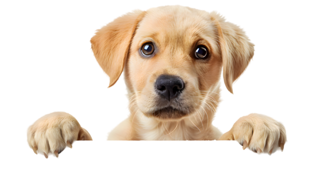 Puppy dog holding blank banner isolated on transparent background