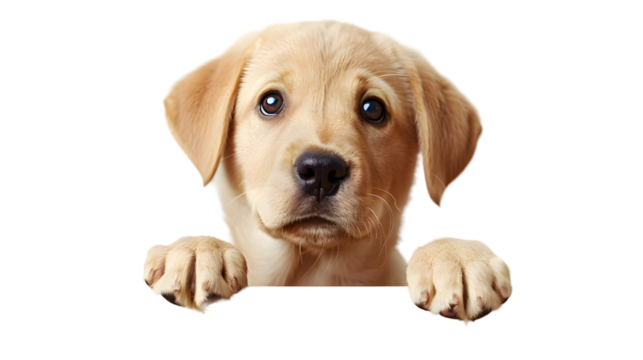 Puppy dog holding blank banner isolated on transparent background