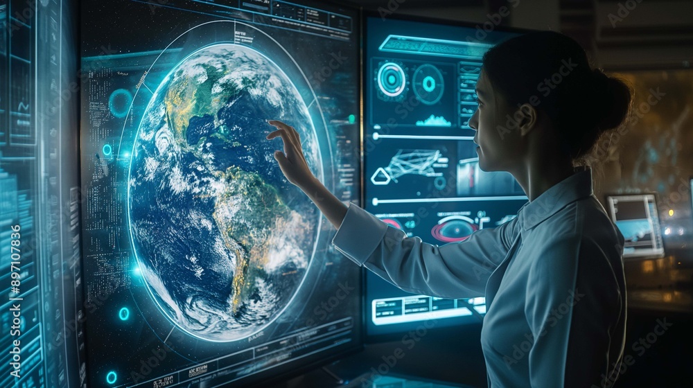 Poster female scientist in white shirt interacts with high-tech digital display image. interface with earth
