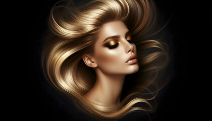 Fototapeta premium A portrait of a beautiful woman with blonde hair and closed eyes with shiny bronze look makeup. Her silky and velvety hair is floating in the air in a dark background.