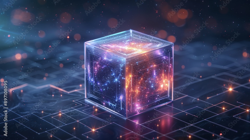 Poster a transparent cube filled with colorful glowing particles rests on a grid of lines in a dark blue se