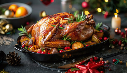 roasted turkey with vegetables and herbs is a traditional dish for thanksgiving or christmas day.