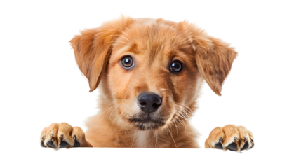Puppy dog holding blank banner isolated on transparent background
