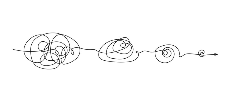 Unraveling line with arrow, showcasing a continuous, flowing thread that twists and turns. Symbolizes complexity and movement. Tangled disorder turns into order line. Isolated untangling line.