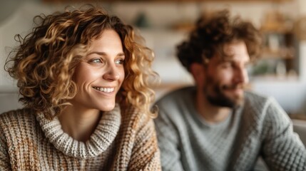 A happy couple in warm, cozy sweaters smiles while looking away together, capturing a moment of shared joy and togetherness in a comfortable and homely setting.