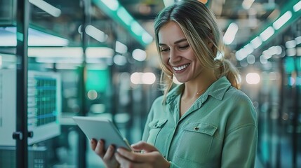 Tech Expert: A confident woman in a green shirt smiles as she utilizes a tablet in a modern server room, showcasing her expertise and technological prowess. 