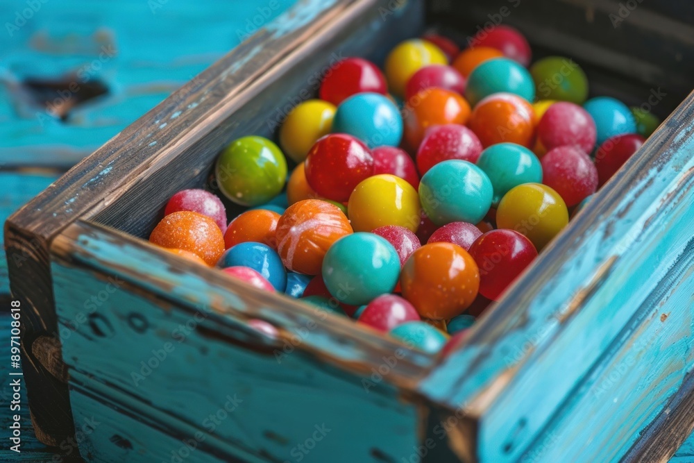 Wall mural Closeup of colorful gumballs overflowing from a rustic wooden box on a blue wooden surface