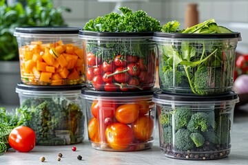 Healthy meal prep containers modern style clean lines neutral background organized layout