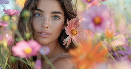 Fototapeta premium A woman with freckles and long dark hair lies among colorful flowers, looking directly at the camera. 