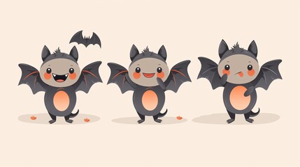 Fototapeta premium Cute Bat Cartoon Character Set: A trio of adorable cartoon bats in various poses, embodying Halloween cheer and cuteness. Perfect for kids' projects, greeting cards, and seasonal decorations. 