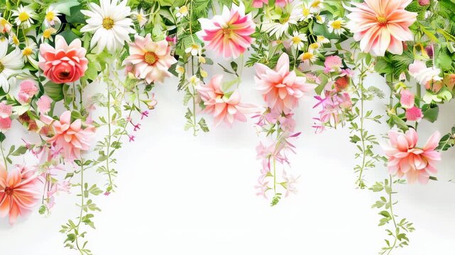 Summer flowers hanging against a white background