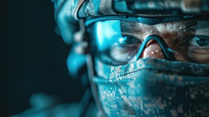 A close-up image of a soldier's eyes, wearing camouflage helmet and protective goggles, conveying the intensity and focus required in military operations or missions.