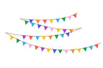 Fototapeta premium Retro buntings garlands isolated on white background. Hanging summer party garland for kids. Red and yellow flags. Vector illustration