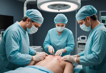  A surgeon performing a delicate operation in a modern operating room (Healthcare). 