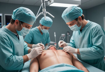 A surgeon performing a delicate operation in a modern operating room (Healthcare). 