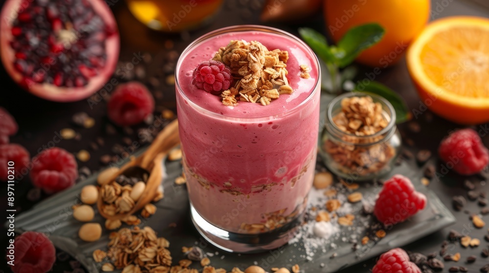 Poster indulge in a delightful raspberry and orange smoothie complemented by a generous topping of crunchy 