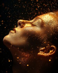 Festive celebration  happy girl in stylish dress surrounded by gold confetti and sequins at a party