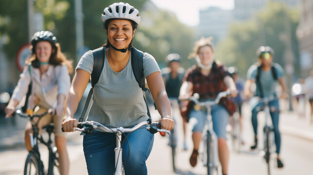 Group of happy cyclists on bicycles commuting or out for a bike ride on city streets 