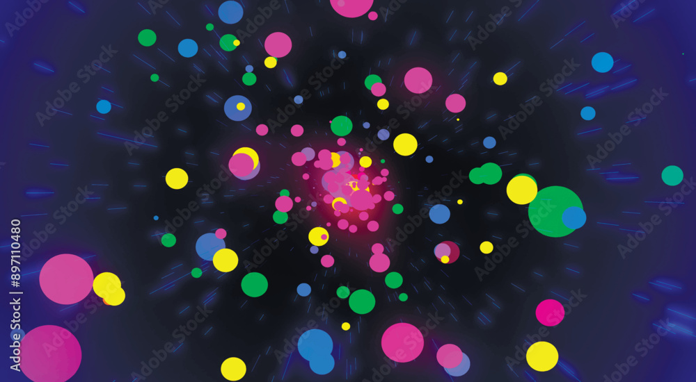 Poster beautiful festive background with glowing colorful balls and bright lines on dark blue background. a