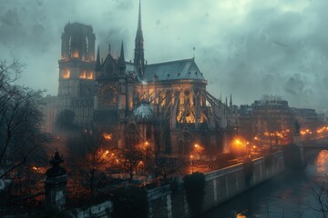 Naklejka premium A majestic Gothic cathedral illuminated at night on a foggy riverbank. Towering spires and intricate architecture stand out against a backdrop of mist and soft street lights.
