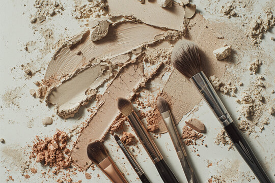 makeup brushes on the table where the texture of pidra for the face and beige eye shadow