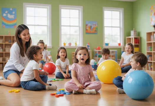  A group of children learning and playing in a daycare setting (Healthcare). 