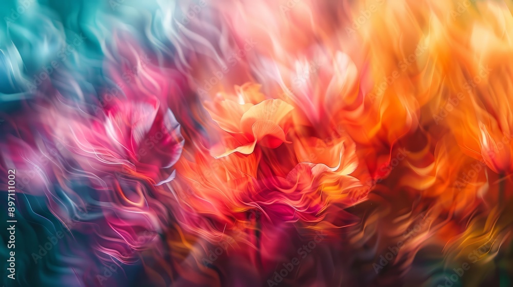 Poster an abstract blurred background featuring a colorful array of vibrant flowers in various stunning hue