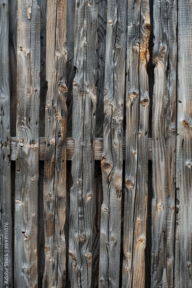 Poster a detailed view of a wooden fence with vertical planks and horizontal rails, ideal for use in archit
