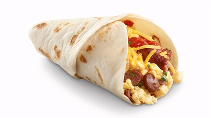 Hearty Breakfast Burrito Delight: Savory sausage, fluffy eggs, melted cheese, and fiery salsa roja peek out from a warm flour tortilla, ready to satisfy your morning cravings. 