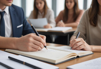  A close-up shot of a student taking notes during a lecture (Education). 