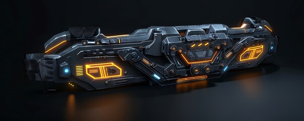 A detailed cyberpunk utility belt with glowing tools and sleek design, set against a black background, highlighting advanced gadgets and tech.