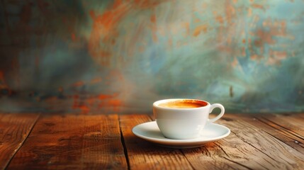Obraz premium A single cup of coffee on a rustic wooden table with a blurry green and orange background