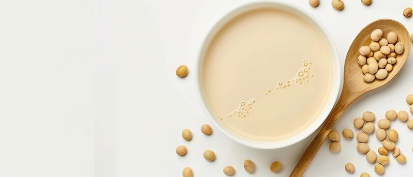 A bowl of soymilk and some yellow beans on the right side