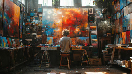 Obraz premium An artist painting with vibrant colors in a sunlit studio.