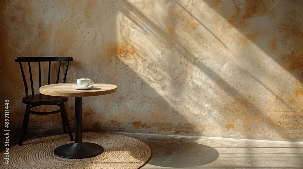 Poster a single chair and table by a window with sunlight streaming in
