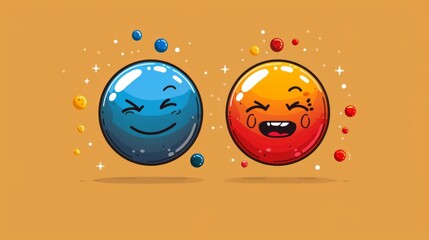 Naklejka premium Cartoon planets in blue and red hues are smiling against a bright yellow backdrop
