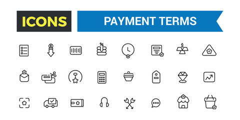 Payment terms icons set outline vector. Card credit, Document recharge. Outline icons pack. Editable vector line icon set and illustration.