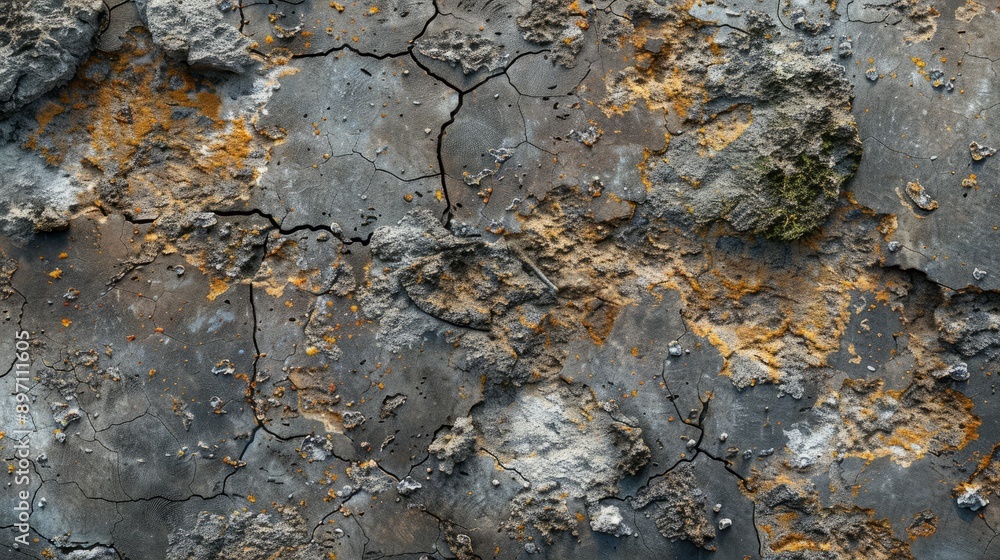 Poster detailed view of a worn surface displaying intricate cracks and mineral deposits