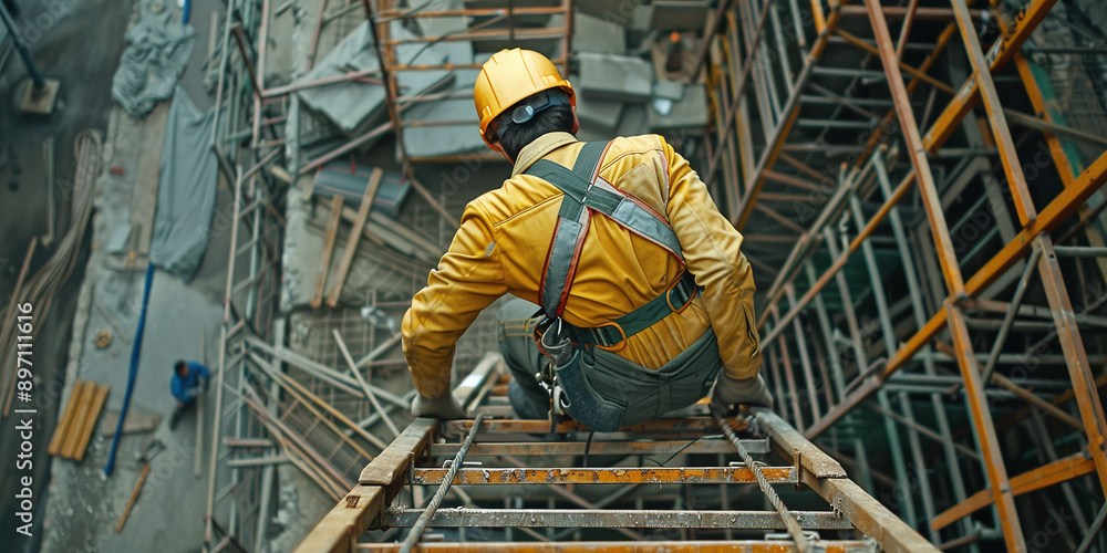 Poster the man worker climbing at construction site with helmet and uniform for works at height outside bui