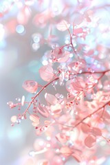 Delicate Pink Leaves with Dew Drops and Soft Bokeh Background - Dreamy Nature Close-Up