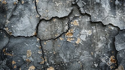 Fototapeta premium The gray wall is marred by cracked and moldy black patterns, creating a striking yet unpleasant sight