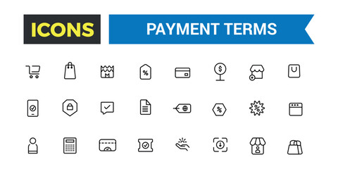 Payment terms icons set outline vector. Card credit, Document recharge. Outline icons pack. Editable vector line icon set and illustration.