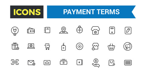Payment terms icons set outline vector. Card credit, Document recharge. Outline icons pack. Editable vector line icon set and illustration.