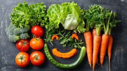 Creative food concept  vegetable and spice face winks on chalkboard with friendly smile